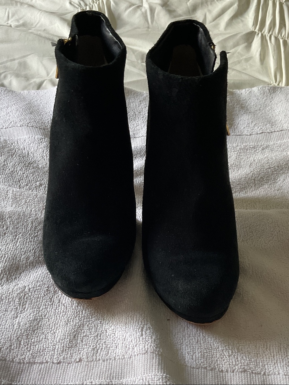 Michael Kors Black Suede Ankle Booties with Gold Accent